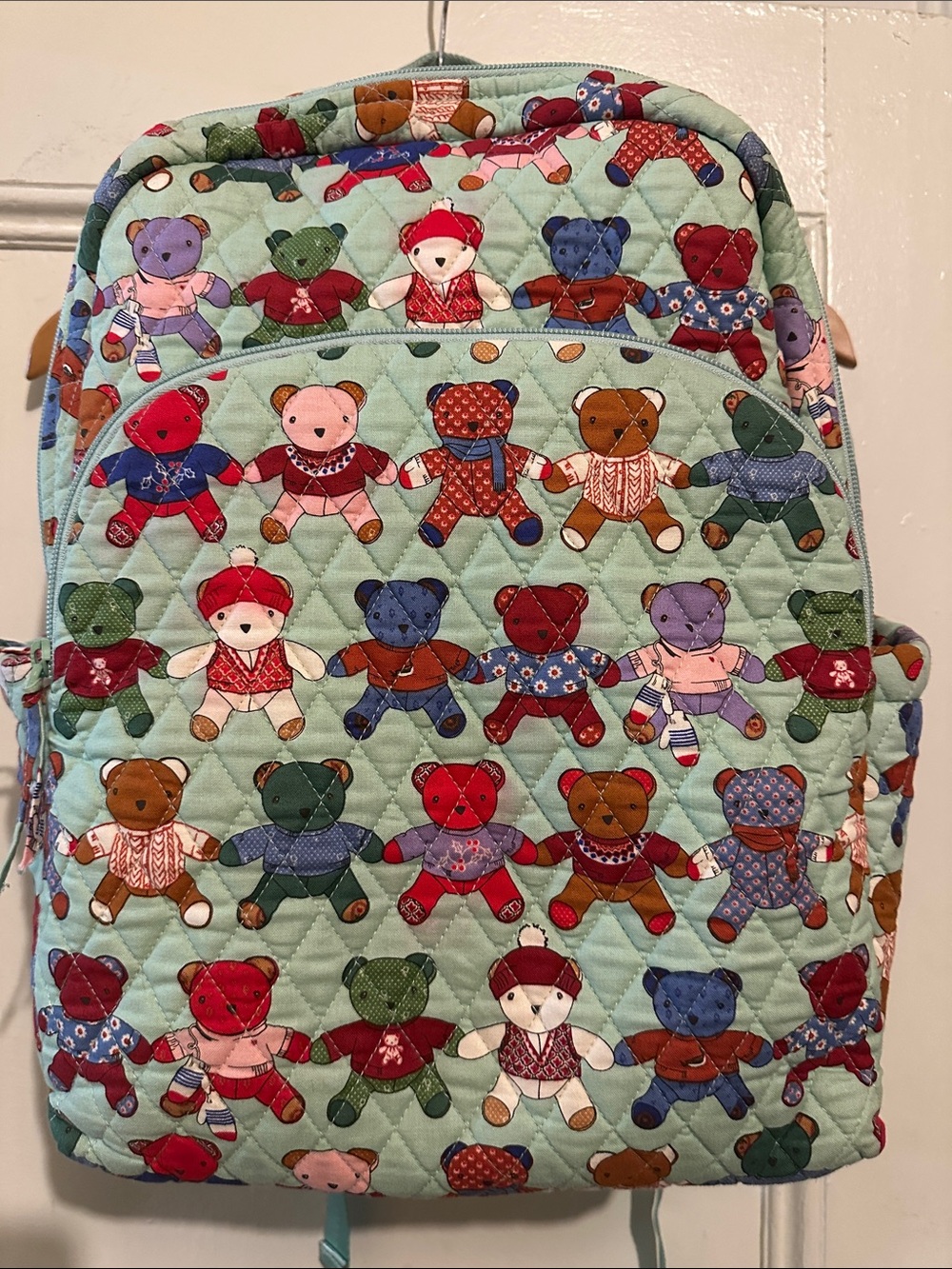 Like New Vera Bradley Kids Quilted Teddy Bear Print Backpack - Light Green.